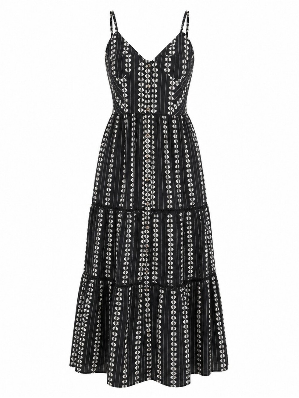 MAISON HOTEL | Black White Floral Stripe Tiered Cotton V-Neck Maxi Dress | L